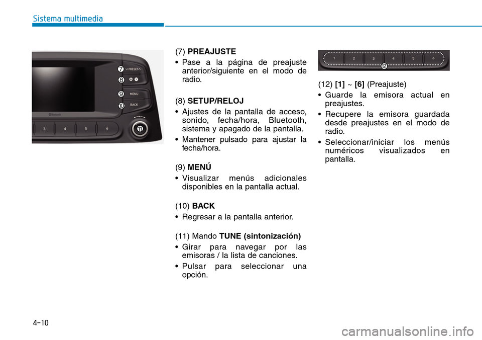 Hyundai Kona 2019 Manual del propietario (in Spanish) 4-10
Sistema multimedia
(7) PREAJUSTE
• Pase a la página de preajuste
anterior/siguiente en el modo de
radio.
(8) SETUP/RELOJ
• Ajustes de la pantalla de acceso,
sonido, fecha/hora, Bluetooth,
si Hyundai Kona 2019 Manual del propietario (in Spanish) 4-10
Sistema multimedia
(7) PREAJUSTE
• Pase a la página de preajuste
anterior/siguiente en el modo de
radio.
(8) SETUP/RELOJ
• Ajustes de la pantalla de acceso,
sonido, fecha/hora, Bluetooth,
si
