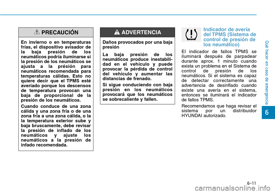 Hyundai Kona 2019 Manual del propietario (in Spanish) 6-11
Qué hacer en caso de emergencia
Indicador de avería
del TPMS (Sistema de
control de presión de
los neumático)
El indicador de fallos TPMS se
iluminará después de parpadear
durante aprox. 1 Hyundai Kona 2019 Manual del propietario (in Spanish) 6-11
Qué hacer en caso de emergencia
Indicador de avería
del TPMS (Sistema de
control de presión de
los neumático)
El indicador de fallos TPMS se
iluminará después de parpadear
durante aprox. 1