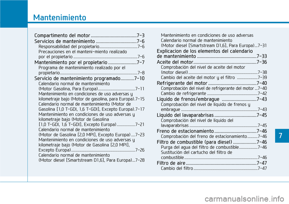 Hyundai Kona 2019 Manual del propietario (in Spanish) 7
Mantenimiento
7
Mantenimiento
Compartimento del motor .....................................7-3
Servicios de mantenimiento .................................7-6
Responsabilidad del propietario........ Hyundai Kona 2019 Manual del propietario (in Spanish) 7
Mantenimiento
7
Mantenimiento
Compartimento del motor .....................................7-3
Servicios de mantenimiento .................................7-6
Responsabilidad del propietario........