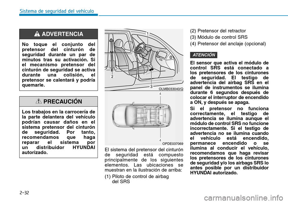 Hyundai Kona 2019  Manual del propietario (in Spanish) El sistema del pretensor del cinturón
de seguridad está compuesto
principalmente de los siguientes
elementos. Las ubicaciones se
muestran en la ilustración de arriba:
(1) Piloto de control de airba