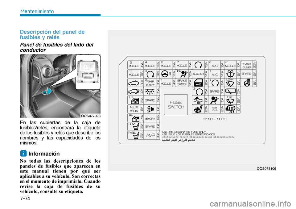 Hyundai Kona 2019 Manual del propietario (in Spanish) 7-74
Mantenimiento
Descripción del panel de
fusibles y relés
Panel de fusibles del lado del
conductor
En las cubiertas de la caja de
fusibles/relés, encontrará la etiqueta
de los fusibles y relés Hyundai Kona 2019 Manual del propietario (in Spanish) 7-74
Mantenimiento
Descripción del panel de
fusibles y relés
Panel de fusibles del lado del
conductor
En las cubiertas de la caja de
fusibles/relés, encontrará la etiqueta
de los fusibles y relés