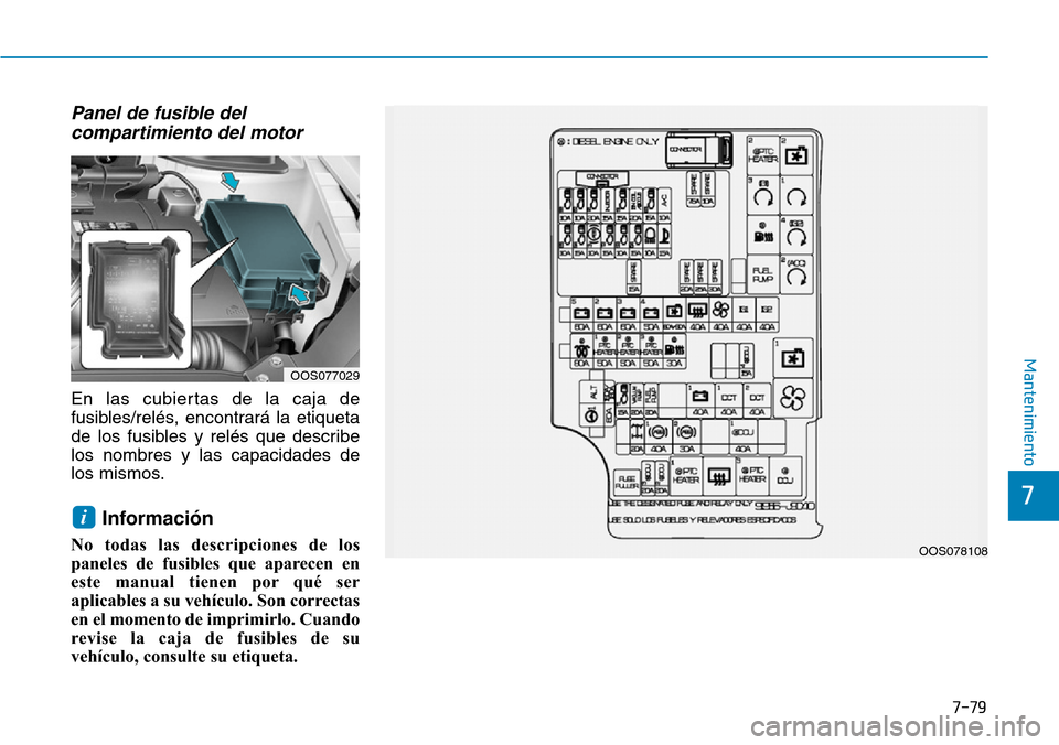 Hyundai Kona 2019 Manual del propietario (in Spanish) 7-79
7
Mantenimiento
Panel de fusible del
compartimiento del motor
En las cubiertas de la caja de
fusibles/relés, encontrará la etiqueta
de los fusibles y relés que describe
los nombres y las capa Hyundai Kona 2019 Manual del propietario (in Spanish) 7-79
7
Mantenimiento
Panel de fusible del
compartimiento del motor
En las cubiertas de la caja de
fusibles/relés, encontrará la etiqueta
de los fusibles y relés que describe
los nombres y las capa