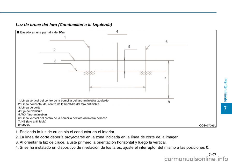 Hyundai Kona 2019 Manual del propietario (in Spanish) 7-97
7
Mantenimiento
Luz de cruce del faro (Conducción a la izquierda)
1. Encienda la luz de cruce sin el conductor en el interior.
2. La lÃnea de corte deberÃa proyectarse en la zona indicada en l Hyundai Kona 2019 Manual del propietario (in Spanish) 7-97
7
Mantenimiento
Luz de cruce del faro (Conducción a la izquierda)
1. Encienda la luz de cruce sin el conductor en el interior.
2. La lÃnea de corte deberÃa proyectarse en la zona indicada en l