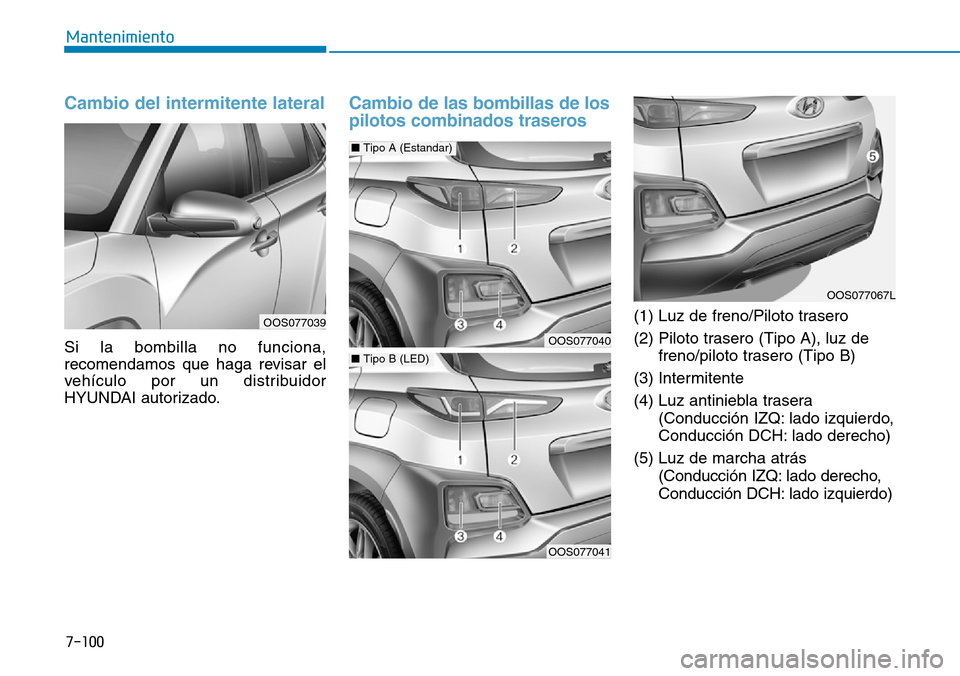 Hyundai Kona 2019  Manual del propietario (in Spanish) 7-100
Mantenimiento
Cambio del intermitente lateral 
Si la bombilla no funciona,
recomendamos que haga revisar el
vehículo por un distribuidor
HYUNDAI autorizado.
Cambio de las bombillas de los
pilot