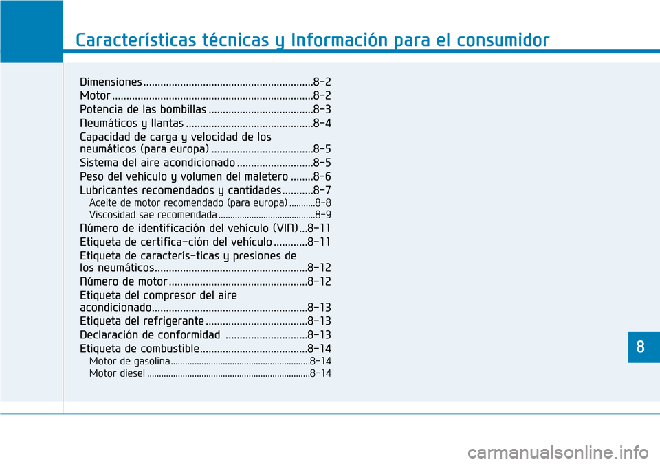Hyundai Kona 2019 Manual del propietario (in Spanish) 8
Características técnicas y Información para el consumidor
8
Características técnicas y Información para el consumidor
8
Dimensiones ............................................................ Hyundai Kona 2019 Manual del propietario (in Spanish) 8
Características técnicas y Información para el consumidor
8
Características técnicas y Información para el consumidor
8
Dimensiones ............................................................