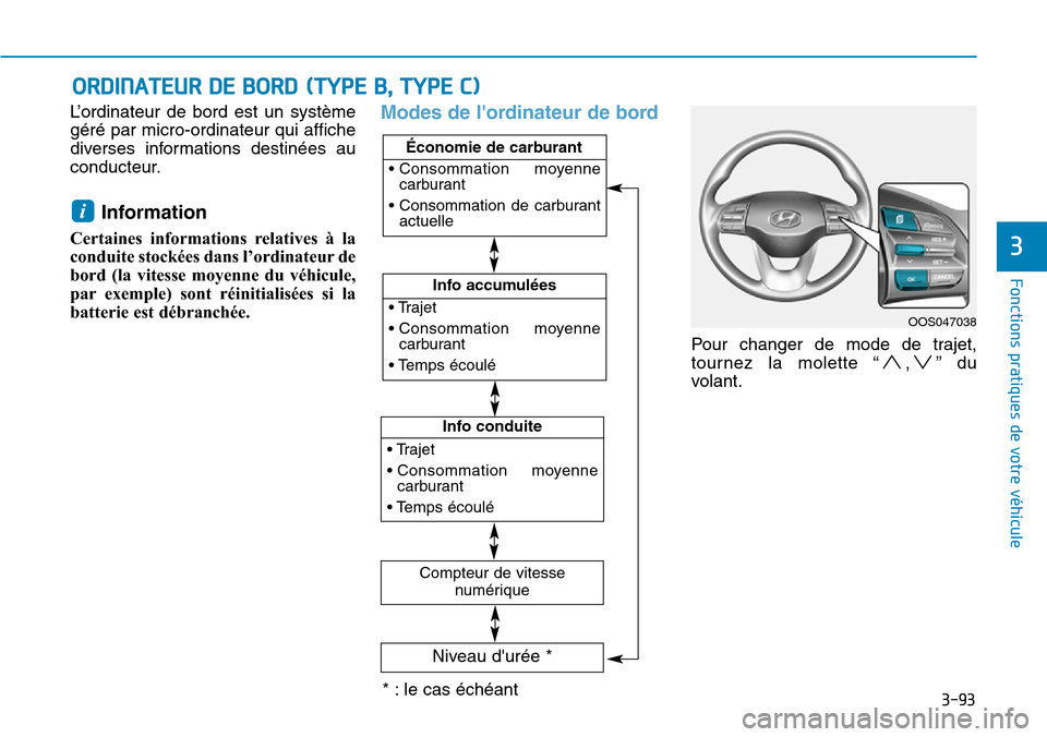 Hyundai Kona 2019 Manuel du propriétaire (in French) 3-93
Fonctions pratiques de votre véhicule
3
L’ordinateur de bord est un système
géré par micro-ordinateur qui affiche
diverses informations destinées au
conducteur.
Information
Certaines inf Hyundai Kona 2019 Manuel du propriétaire (in French) 3-93
Fonctions pratiques de votre véhicule
3
L’ordinateur de bord est un système
géré par micro-ordinateur qui affiche
diverses informations destinées au
conducteur.
Information
Certaines inf