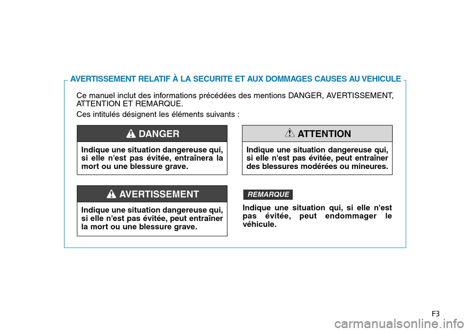 Hyundai Kona 2019 Manuel du propriétaire (in French) F3
Ce manuel inclut des informations précédées des mentions DANGER, AVERTISSEMENT,
ATTENTION ET REMARQUE.
Ces intitulés désignent les éléments suivants :
AVERTISSEMENT RELATIF À LA SECURITE ET Hyundai Kona 2019 Manuel du propriétaire (in French) F3
Ce manuel inclut des informations précédées des mentions DANGER, AVERTISSEMENT,
ATTENTION ET REMARQUE.
Ces intitulés désignent les éléments suivants :
AVERTISSEMENT RELATIF À LA SECURITE ET