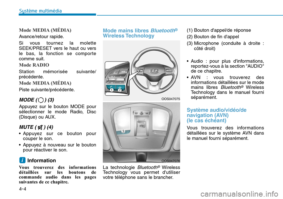Hyundai Kona 2019 Manuel du propriétaire (in French) 4-4
Système multimédia
Mode MEDIA (MÉDIA)
Avance/retour rapide.
Si vous tournez la molette
SEEK/PRESET vers le haut ou vers
le bas, la fonction se comporte
comme suit.
Mode RADIO
Station mémoris Hyundai Kona 2019 Manuel du propriétaire (in French) 4-4
Système multimédia
Mode MEDIA (MÉDIA)
Avance/retour rapide.
Si vous tournez la molette
SEEK/PRESET vers le haut ou vers
le bas, la fonction se comporte
comme suit.
Mode RADIO
Station mémoris
