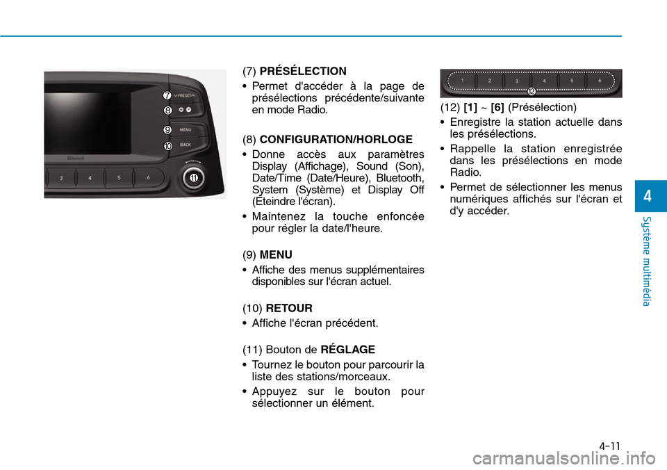 Hyundai Kona 2019  Manuel du propriétaire (in French) 4-11
Système multimédia 
4
(7) PRÉSÉLECTION 
• Permet daccéder à la page de
présélections précédente/suivante
en mode Radio.
(8) CONFIGURATION/HORLOGE
• Donne accès aux paramètres
Dis Hyundai Kona 2019  Manuel du propriétaire (in French) 4-11
Système multimédia 
4
(7) PRÉSÉLECTION 
• Permet daccéder à la page de
présélections précédente/suivante
en mode Radio.
(8) CONFIGURATION/HORLOGE
• Donne accès aux paramètres
Dis