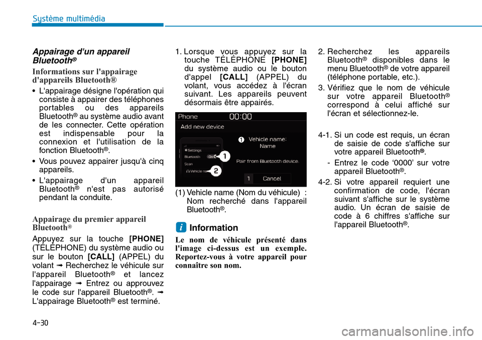 Hyundai Kona 2019 Manuel du propriétaire (in French) 4-30
Système multimédia
Appairage dun appareil
Bluetooth®
Informations sur lappairage
dappareils Bluetooth®
• Lappairage désigne lopération qui
consiste à appairer des téléphones
port Hyundai Kona 2019 Manuel du propriétaire (in French) 4-30
Système multimédia
Appairage dun appareil
Bluetooth®
Informations sur lappairage
dappareils Bluetooth®
• Lappairage désigne lopération qui
consiste à appairer des téléphones
port