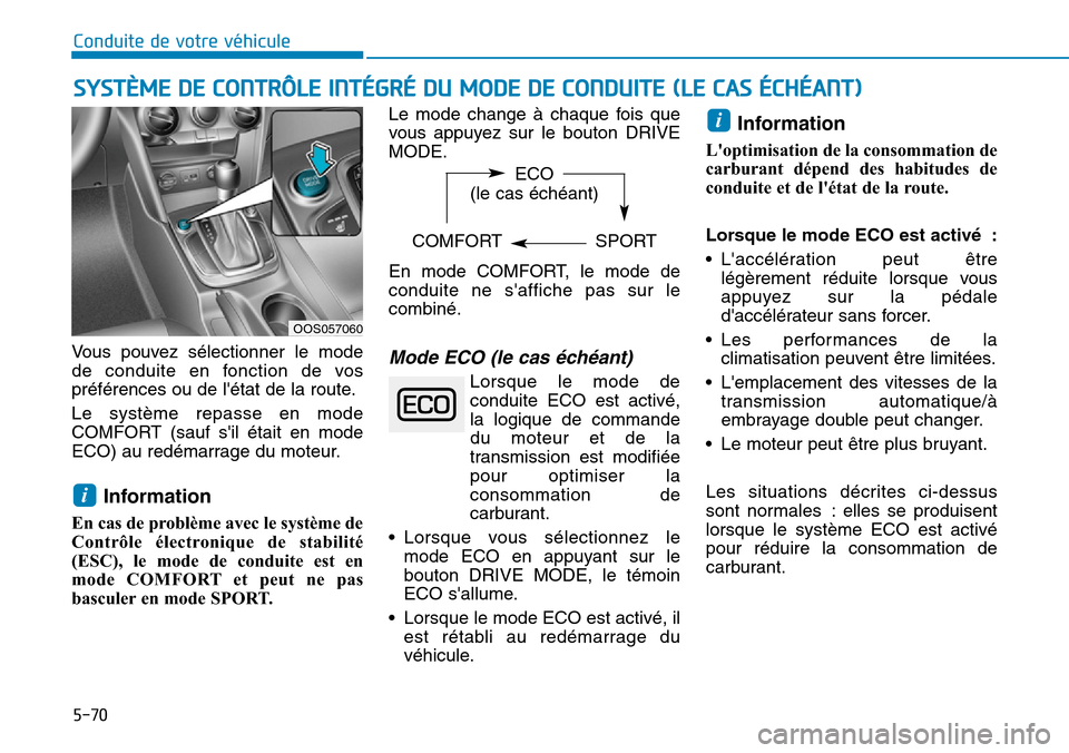 Hyundai Kona 2019 Manuel du propriétaire (in French) 5-70
Conduite de votre véhicule
SYSTÈME DE CONTRÔLE INTÉGRÉ DU MODE DE CONDUITE (LE CAS ÉCHÉANT)
Vous pouvez sélectionner le mode
de conduite en fonction de vos
préférences ou de létat de Hyundai Kona 2019 Manuel du propriétaire (in French) 5-70
Conduite de votre véhicule
SYSTÈME DE CONTRÔLE INTÉGRÉ DU MODE DE CONDUITE (LE CAS ÉCHÉANT)
Vous pouvez sélectionner le mode
de conduite en fonction de vos
préférences ou de létat de