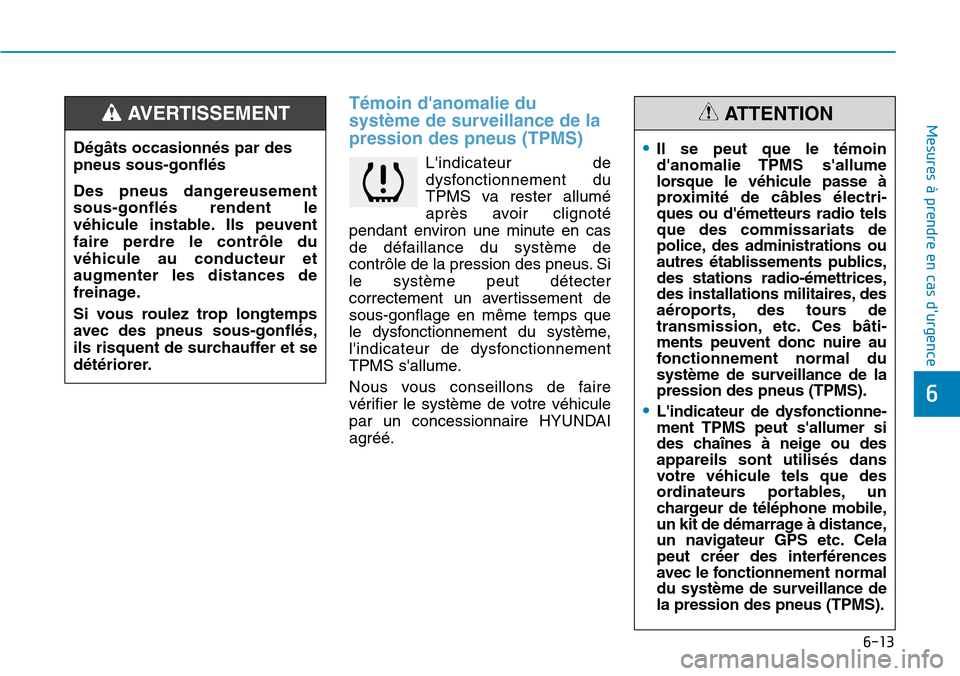 Hyundai Kona 2019  Manuel du propriétaire (in French) 6-13
Mesures à prendre en cas durgence Témoin danomalie du
système de surveillance de la
pression des pneus (TPMS)
Lindicateur de
dysfonctionnement du
TPMS va rester allumé
après avoir clignot