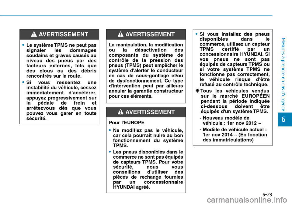 Hyundai Kona 2019  Manuel du propriétaire (in French) 6-23
Mesures à prendre en cas durgence 
6Pour lEUROPE
•Ne modifiez pas le véhicule,
car cela pourrait nuire au bon
fonctionnement du système
TPMS.
•Les pneus disponibles dans le
commerce ne s