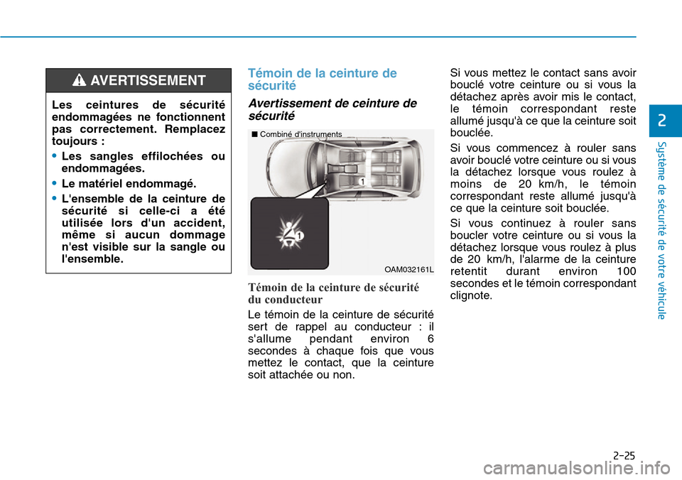 Hyundai Kona 2019 Manuel du propriétaire (in French) 2-25
Système de sécurité de votre véhicule
2
Témoin de la ceinture de
sécurité
Avertissement de ceinture de
sécurité
Témoin de la ceinture de sécurité
du conducteur
Le témoin de la ce Hyundai Kona 2019 Manuel du propriétaire (in French) 2-25
Système de sécurité de votre véhicule
2
Témoin de la ceinture de
sécurité
Avertissement de ceinture de
sécurité
Témoin de la ceinture de sécurité
du conducteur
Le témoin de la ce