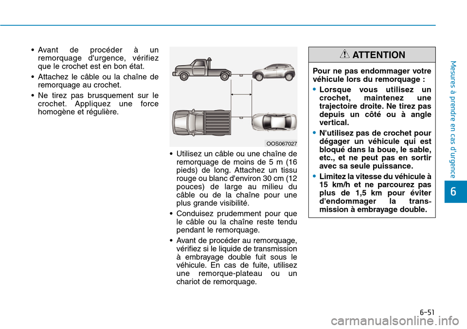 Hyundai Kona 2019  Manuel du propriétaire (in French) 6-51
Mesures à prendre en cas durgence 
6
• Avant de procéder à un
remorquage durgence, vérifiez
que le crochet est en bon état.
• Attachez le câble ou la chaîne de
remorquage au crochet. Hyundai Kona 2019  Manuel du propriétaire (in French) 6-51
Mesures à prendre en cas durgence 
6
• Avant de procéder à un
remorquage durgence, vérifiez
que le crochet est en bon état.
• Attachez le câble ou la chaîne de
remorquage au crochet.