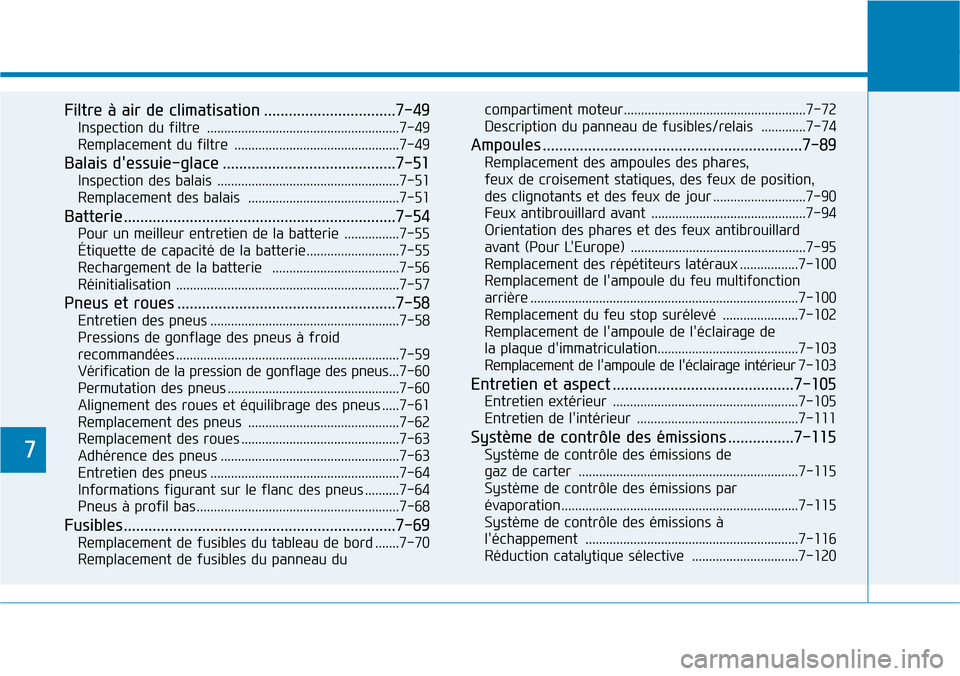 Hyundai Kona 2019  Manuel du propriétaire (in French) 7
Filtre à air de climatisation ................................7-49
Inspection du filtre  ........................................................7-49
Remplacement du filtre  ....................... Hyundai Kona 2019  Manuel du propriétaire (in French) 7
Filtre à air de climatisation ................................7-49
Inspection du filtre  ........................................................7-49
Remplacement du filtre  .......................