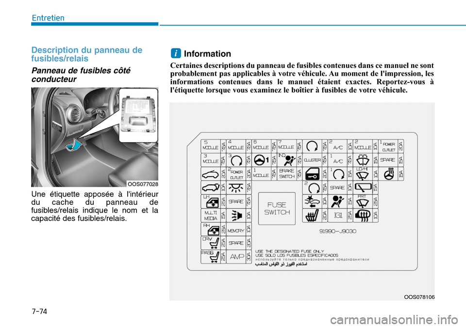 Hyundai Kona 2019 Manuel du propriétaire (in French) 7-74
Entretien
Description du panneau de
fusibles/relais
Panneau de fusibles côté
conducteur
Une étiquette apposée à lintérieur
du cache du panneau de
fusibles/relais indique le nom et la
cap Hyundai Kona 2019 Manuel du propriétaire (in French) 7-74
Entretien
Description du panneau de
fusibles/relais
Panneau de fusibles côté
conducteur
Une étiquette apposée à lintérieur
du cache du panneau de
fusibles/relais indique le nom et la
cap