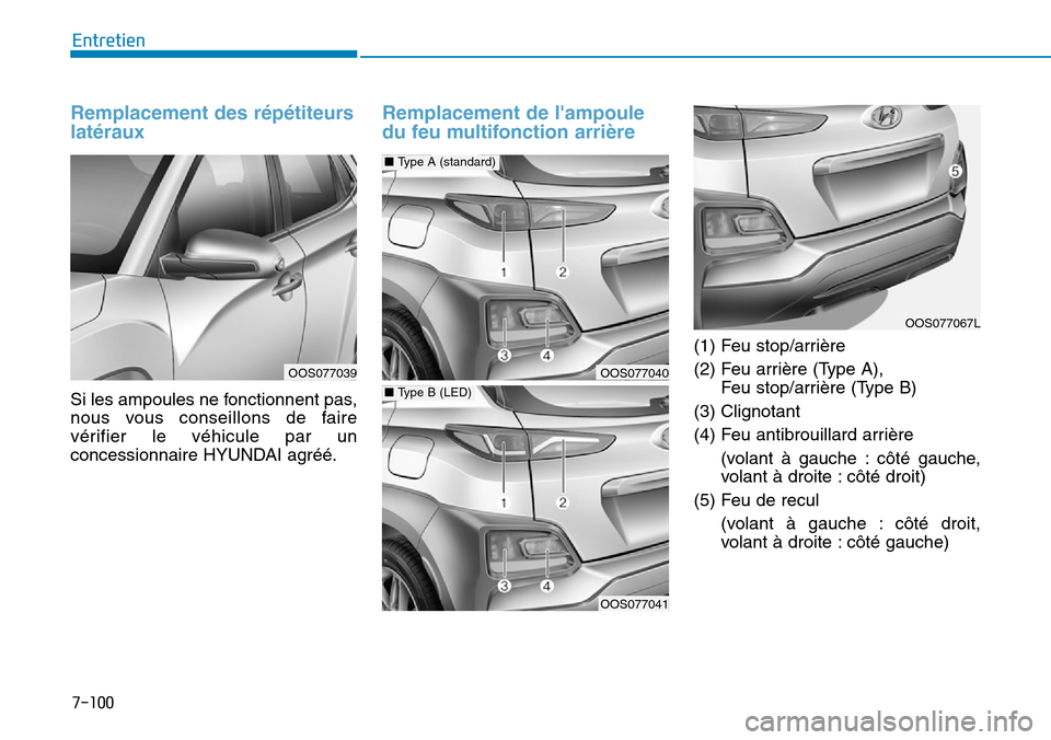 Hyundai Kona 2019  Manuel du propriétaire (in French) 7-100
Entretien
Remplacement des répétiteurs
latéraux
Si les ampoules ne fonctionnent pas,
nous vous conseillons de faire
vérifier le véhicule par un
concessionnaire HYUNDAI agréé.
Remplacement