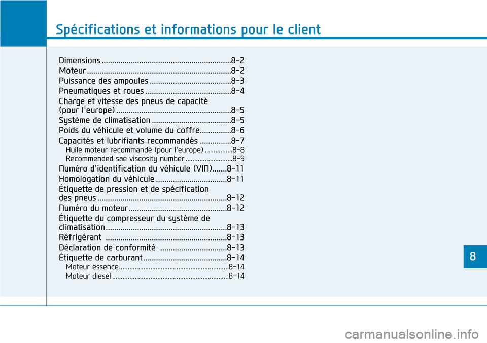Hyundai Kona 2019 Manuel du propriétaire (in French) 8
Spécifications et informations pour le client
8
Spécifications et informations pour le client
8
Dimensions ..............................................................8-2
Moteur ................ Hyundai Kona 2019 Manuel du propriétaire (in French) 8
Spécifications et informations pour le client
8
Spécifications et informations pour le client
8
Dimensions ..............................................................8-2
Moteur ................