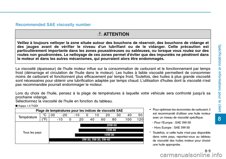 Hyundai Kona 2019 Manuel du propriétaire (in French) 8-9
8
Spécifications et informations pour le clientVeillez à toujours nettoyer la zone située autour des bouchons de réservoir, des bouchons de vidange et
des jauges avant de vérifier le niveau d Hyundai Kona 2019 Manuel du propriétaire (in French) 8-9
8
Spécifications et informations pour le clientVeillez à toujours nettoyer la zone située autour des bouchons de réservoir, des bouchons de vidange et
des jauges avant de vérifier le niveau d
