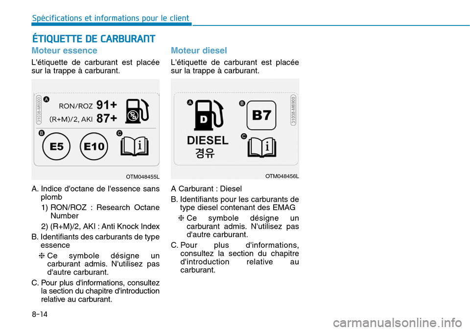 Hyundai Kona 2019 Manuel du propriétaire (in French) Moteur essence
Létiquette de carburant est placée
sur la trappe à carburant.
A. Indice doctane de lessence sans
plomb
1) RON/ROZ : Research Octane
Number
2) (R+M)/2, AKI : Anti Knock Index
B. Hyundai Kona 2019 Manuel du propriétaire (in French) Moteur essence
Létiquette de carburant est placée
sur la trappe à carburant.
A. Indice doctane de lessence sans
plomb
1) RON/ROZ : Research Octane
Number
2) (R+M)/2, AKI : Anti Knock Index
B.