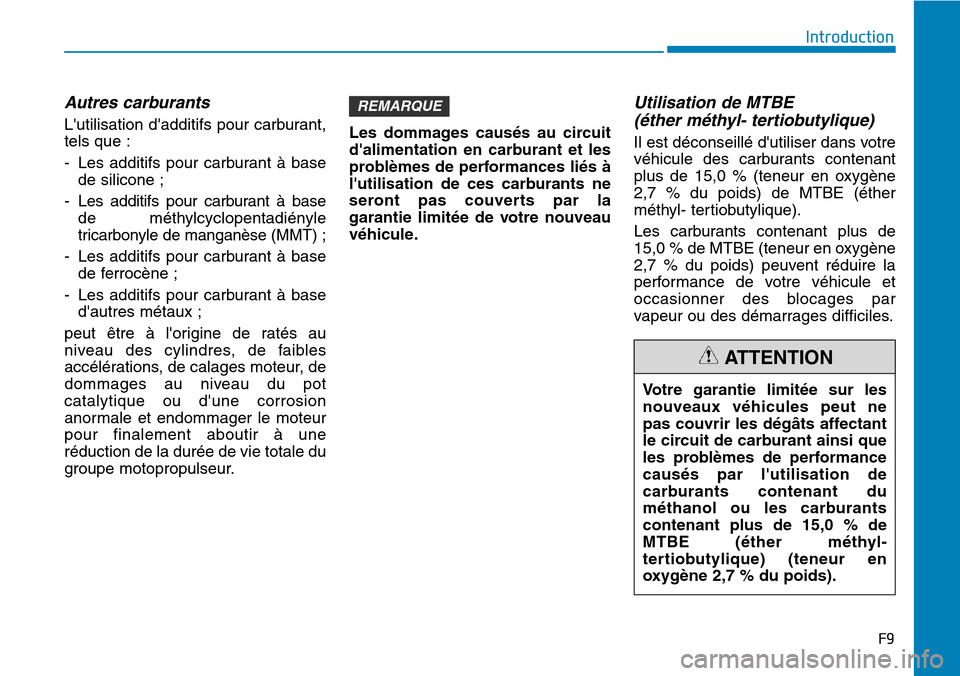 Hyundai Kona 2019 Manuel du propriétaire (in French) F9
Introduction
Autres carburants
Lutilisation dadditifs pour carburant,
tels que :
- Les additifs pour carburant à base
de silicone ;
- Les additifs pour carburant à base
de méthylcyclopentadià Hyundai Kona 2019 Manuel du propriétaire (in French) F9
Introduction
Autres carburants
Lutilisation dadditifs pour carburant,
tels que :
- Les additifs pour carburant à base
de silicone ;
- Les additifs pour carburant à base
de méthylcyclopentadiÃ