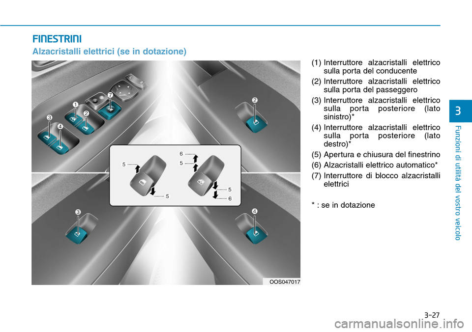 Hyundai Kona 2019 Manuale del proprietario (in Italian) 3-27
Funzioni di utilità del vostro veicolo
3
(1) Interruttore alzacristalli elettrico
sulla porta del conducente
(2) Interruttore alzacristalli elettrico
sulla porta del passeggero
(3) Interruttore Hyundai Kona 2019 Manuale del proprietario (in Italian) 3-27
Funzioni di utilità del vostro veicolo
3
(1) Interruttore alzacristalli elettrico
sulla porta del conducente
(2) Interruttore alzacristalli elettrico
sulla porta del passeggero
(3) Interruttore