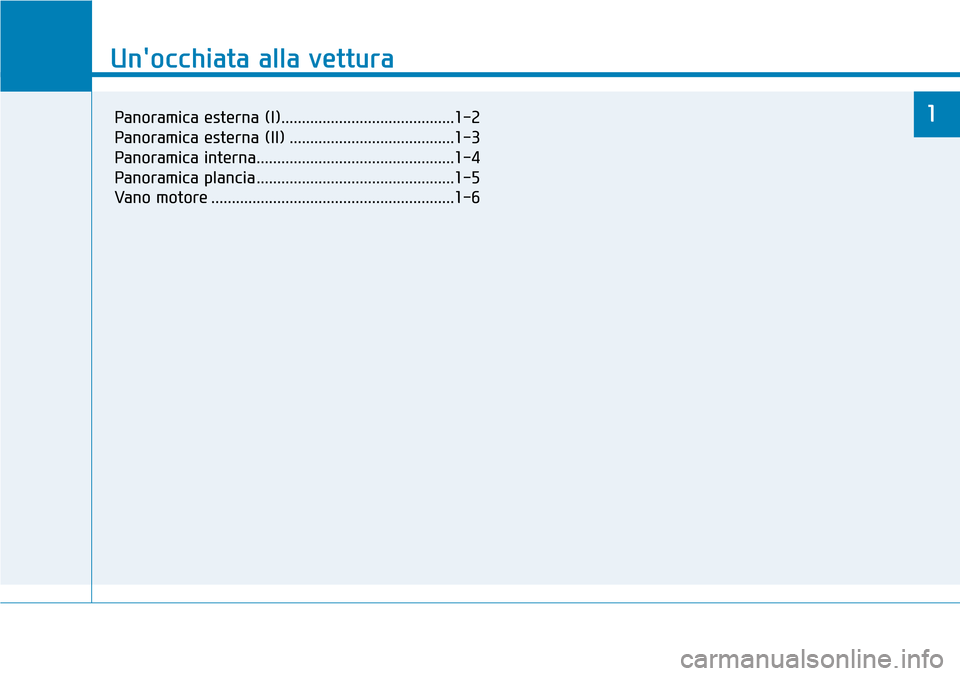 Hyundai Kona 2019 Manuale del proprietario (in Italian) Unocchiata alla vettura
1
Unocchiata alla vettura
1Panoramica esterna (I)..........................................1-2
Panoramica esterna (II) ........................................1-3
Panoramica Hyundai Kona 2019 Manuale del proprietario (in Italian) Unocchiata alla vettura
1
Unocchiata alla vettura
1Panoramica esterna (I)..........................................1-2
Panoramica esterna (II) ........................................1-3
Panoramica
