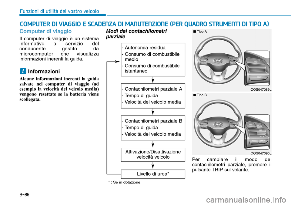 Hyundai Kona 2019 Manuale del proprietario (in Italian) 3-86
Computer di viaggio
Il computer di viaggio è un sistema
informativo a servizio del
conducente gestito da
microcomputer che visualizza
informazioni inerenti la guida.
Informazioni
Alcune informaz Hyundai Kona 2019 Manuale del proprietario (in Italian) 3-86
Computer di viaggio
Il computer di viaggio è un sistema
informativo a servizio del
conducente gestito da
microcomputer che visualizza
informazioni inerenti la guida.
Informazioni
Alcune informaz