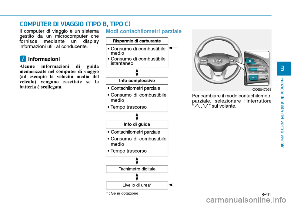 Hyundai Kona 2019 Manuale del proprietario (in Italian) 3-91
Funzioni di utilità del vostro veicolo
Il computer di viaggio è un sistema
gestito da un microcomputer che
fornisce mediante un display
informazioni utili al conducente.
Informazioni
Alcune in Hyundai Kona 2019 Manuale del proprietario (in Italian) 3-91
Funzioni di utilità del vostro veicolo
Il computer di viaggio è un sistema
gestito da un microcomputer che
fornisce mediante un display
informazioni utili al conducente.
Informazioni
Alcune in