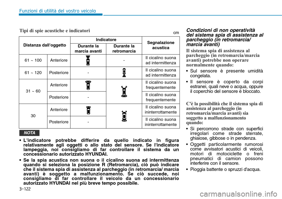 Hyundai Kona 2019 Manuale del proprietario (in Italian) 3-122
Funzioni di utilità del vostro veicolo
Condizioni di non operatività
del sistema spia di assistenza al
parcheggio (in retromarcia/
marcia avanti)
Il sistema spia di assistenza al
parcheggio (i Hyundai Kona 2019 Manuale del proprietario (in Italian) 3-122
Funzioni di utilità del vostro veicolo
Condizioni di non operatività
del sistema spia di assistenza al
parcheggio (in retromarcia/
marcia avanti)
Il sistema spia di assistenza al
parcheggio (i