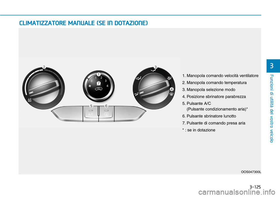 Hyundai Kona 2019 Manuale del proprietario (in Italian) 3-125
Funzioni di utilità del vostro veicolo
3
CLIMATIZZATORE MANUALE (SE IN DOTAZIONE)
OOS047300L
1. Manopola comando velocità ventilatore
2. Manopola comando temperatura
3. Manopola selezione modo Hyundai Kona 2019 Manuale del proprietario (in Italian) 3-125
Funzioni di utilità del vostro veicolo
3
CLIMATIZZATORE MANUALE (SE IN DOTAZIONE)
OOS047300L
1. Manopola comando velocità ventilatore
2. Manopola comando temperatura
3. Manopola selezione modo