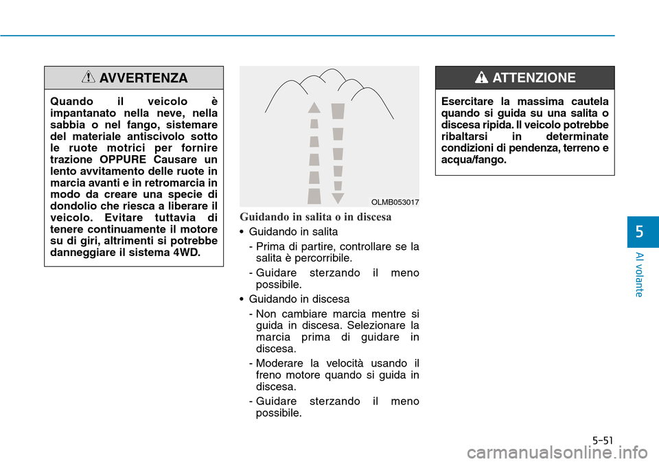 Hyundai Kona 2019 Manuale del proprietario (in Italian) 5-51
Al volante
Guidando in salita o in discesa
• Guidando in salita
- Prima di partire, controllare se la
salita è percorribile.
- Guidare sterzando il meno
possibile.
• Guidando in discesa
- No Hyundai Kona 2019 Manuale del proprietario (in Italian) 5-51
Al volante
Guidando in salita o in discesa
• Guidando in salita
- Prima di partire, controllare se la
salita è percorribile.
- Guidare sterzando il meno
possibile.
• Guidando in discesa
- No
