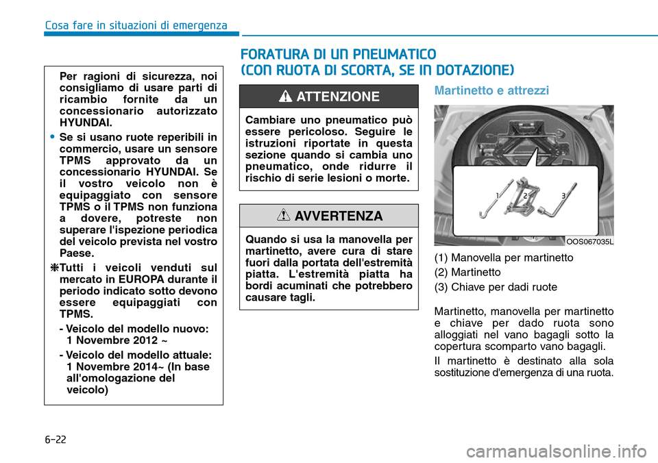 Hyundai Kona 2019 Manuale del proprietario (in Italian) 6-22
Cosa fare in situazioni di emergenza
Martinetto e attrezzi
(1) Manovella per martinetto
(2) Martinetto
(3) Chiave per dadi ruote
Martinetto, manovella per martinetto
e chiave per dado ruota sono Hyundai Kona 2019 Manuale del proprietario (in Italian) 6-22
Cosa fare in situazioni di emergenza
Martinetto e attrezzi
(1) Manovella per martinetto
(2) Martinetto
(3) Chiave per dadi ruote
Martinetto, manovella per martinetto
e chiave per dado ruota sono