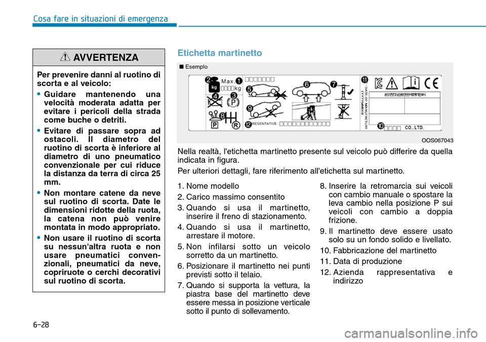 Hyundai Kona 2019 Manuale del proprietario (in Italian) 6-28
Cosa fare in situazioni di emergenza
Per prevenire danni al ruotino di
scorta e al veicolo:
•Guidare mantenendo una
velocità moderata adatta per
evitare i pericoli della strada
come buche o de Hyundai Kona 2019 Manuale del proprietario (in Italian) 6-28
Cosa fare in situazioni di emergenza
Per prevenire danni al ruotino di
scorta e al veicolo:
•Guidare mantenendo una
velocità moderata adatta per
evitare i pericoli della strada
come buche o de