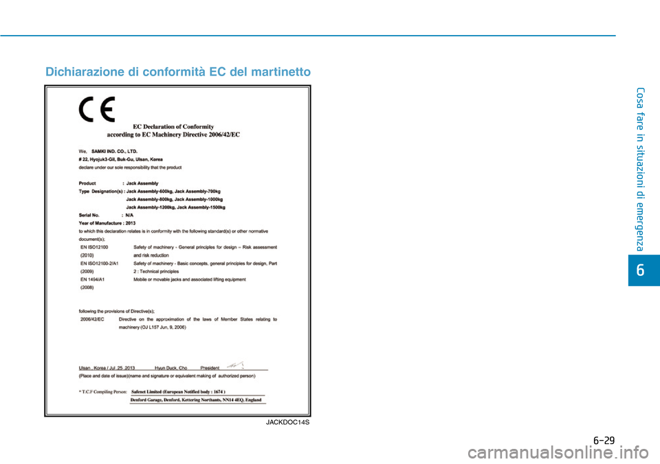 Hyundai Kona 2019 Manuale del proprietario (in Italian) 6-29
Cosa fare in situazioni di emergenza
6
Dichiarazione di conformità EC del martinetto
JACKDOC14S Hyundai Kona 2019 Manuale del proprietario (in Italian) 6-29
Cosa fare in situazioni di emergenza
6
Dichiarazione di conformità EC del martinetto
JACKDOC14S
