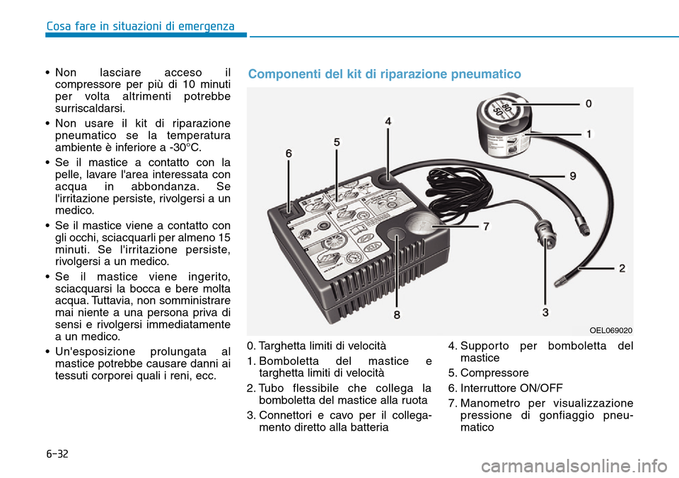 Hyundai Kona 2019 Manuale del proprietario (in Italian) 6-32
Cosa fare in situazioni di emergenza
• Non lasciare acceso il
compressore per più di 10 minuti
per volta altrimenti potrebbe
surriscaldarsi.
• Non usare il kit di riparazione
pneumatico se l Hyundai Kona 2019 Manuale del proprietario (in Italian) 6-32
Cosa fare in situazioni di emergenza
• Non lasciare acceso il
compressore per più di 10 minuti
per volta altrimenti potrebbe
surriscaldarsi.
• Non usare il kit di riparazione
pneumatico se l