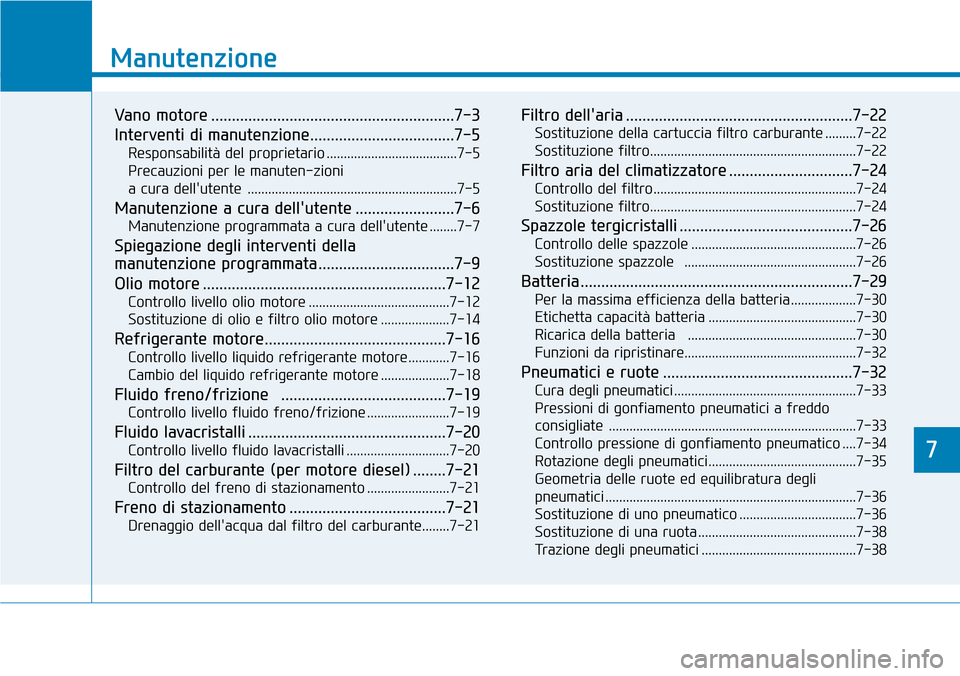 Hyundai Kona 2019 Manuale del proprietario (in Italian) 7
Manutenzione
7
Manutenzione
Vano motore ...........................................................7-3
Interventi di manutenzione...................................7-5
Responsabilità del proprietar Hyundai Kona 2019 Manuale del proprietario (in Italian) 7
Manutenzione
7
Manutenzione
Vano motore ...........................................................7-3
Interventi di manutenzione...................................7-5
Responsabilità del proprietar