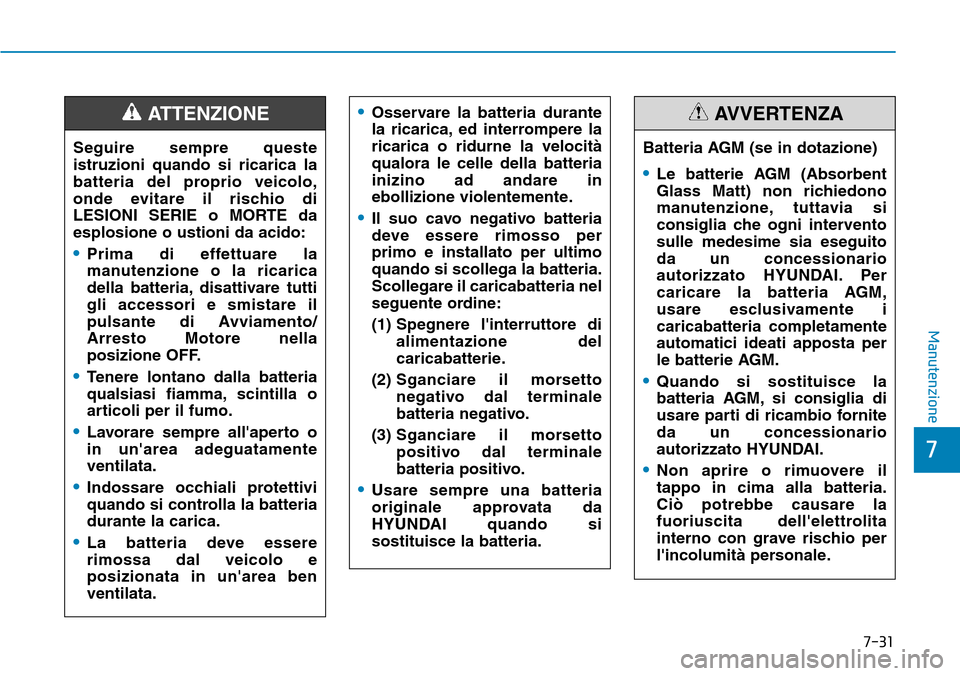 Hyundai Kona 2019 Manuale del proprietario (in Italian) 7-31
7
Manutenzione
Seguire sempre queste
istruzioni quando si ricarica la
batteria del proprio veicolo,
onde evitare il rischio di
LESIONI SERIE o MORTE da
esplosione o ustioni da acido:
•Prima di Hyundai Kona 2019 Manuale del proprietario (in Italian) 7-31
7
Manutenzione
Seguire sempre queste
istruzioni quando si ricarica la
batteria del proprio veicolo,
onde evitare il rischio di
LESIONI SERIE o MORTE da
esplosione o ustioni da acido:
•Prima di