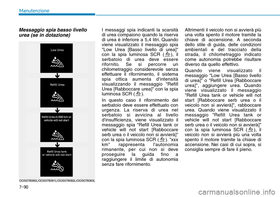 Hyundai Kona 2019  Manuale del proprietario (in Italian) Messaggio spia basso livello
urea (se in dotazione)I messaggi spia indicanti la scarsità
di urea compaiono quando la riserva
di urea è inferiore a 5,4 litri. Quando
viene visualizzato il messaggio s