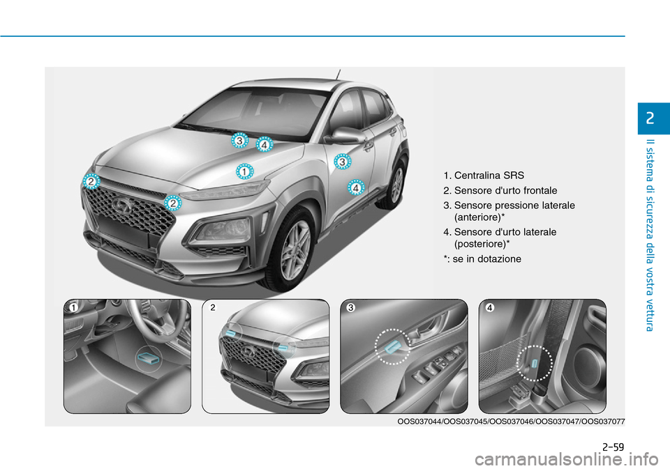 Hyundai Kona 2019 Manuale del proprietario (in Italian) 2-59
Il sistema di sicurezza della vostra vettura
2
1. Centralina SRS
2. Sensore durto frontale
3. Sensore pressione laterale
(anteriore)*
4. Sensore durto laterale
(posteriore)*
*: se in dotazione Hyundai Kona 2019 Manuale del proprietario (in Italian) 2-59
Il sistema di sicurezza della vostra vettura
2
1. Centralina SRS
2. Sensore durto frontale
3. Sensore pressione laterale
(anteriore)*
4. Sensore durto laterale
(posteriore)*
*: se in dotazione