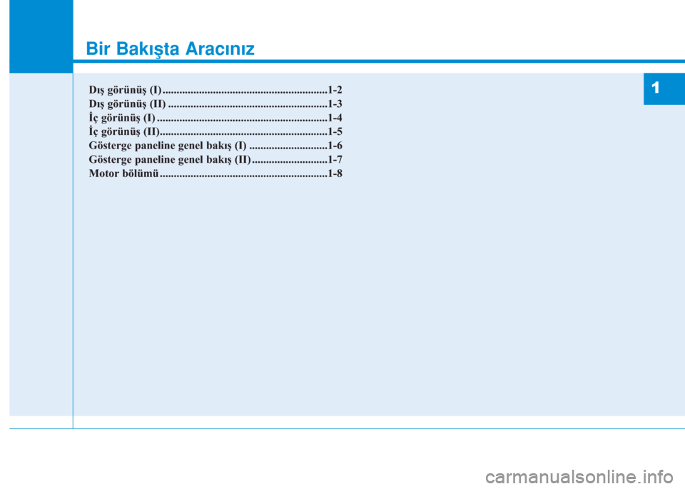 Hyundai Kona 2019  Kullanım Kılavuzu (in Turkish) Bir Bakışta Aracınız
1
Bir Bakışta Aracınız
1Dış görünüş (I) ...........................................................1-2
Dış görünüş (II) .......................................