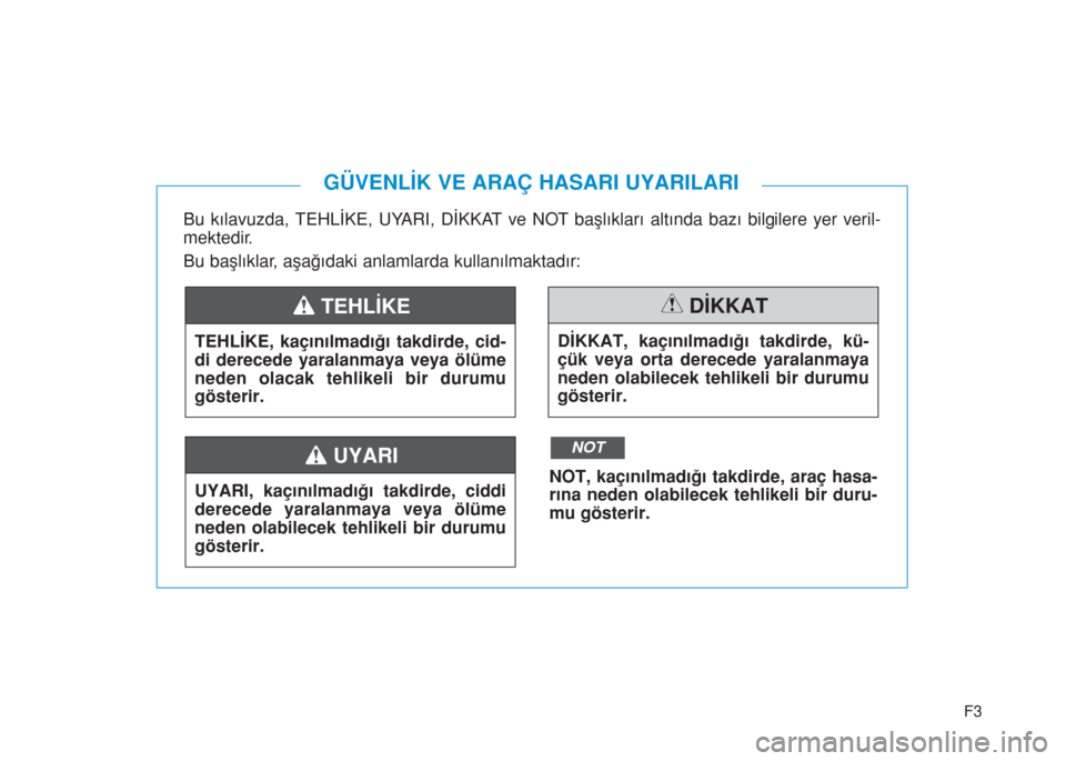 Hyundai Kona 2019  Kullanım Kılavuzu (in Turkish) F3
Bu kılavuzda, TEHLİKE, UYARI, DİKKAT ve NOT başlıkları altında bazı bilgilere yer veril-
mektedir.
Bu başlıklar, aşağıdaki anlamlarda kullanılmaktadır:  
GÜVENLİK VE ARAÇ HASARI U