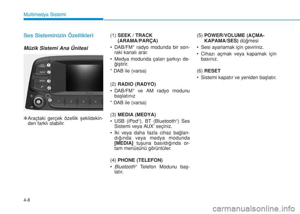Hyundai Kona 2019  Kullanım Kılavuzu (in Turkish) 4-8
Multimedya Sistemi
Ses Sisteminizin Özellikleri
Müzik Sistemi Ana Ünitesi
hAraçtaki gerçek özellik şekildekin-
den farklı olabilir.(1) SEEK / TRACK
(ARAMA/PARÇA)
• DAB/FM* radyo modunda