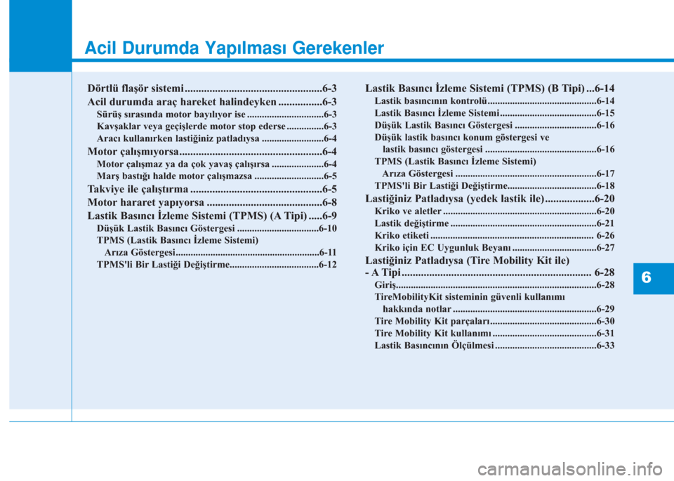 Hyundai Kona 2019  Kullanım Kılavuzu (in Turkish) Acil Durumda Yapılması Gerekenler
Dörtlü flaşör sistemi ..................................................6-3
Acil durumda araç hareket halindeyken ................6-3
Sürüş sırasında moto