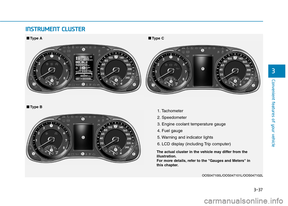 Hyundai Kona 2018  Owners Manual 3-37
Convenient features of your vehicle
3
1. Tachometer  
2. Speedometer
3. Engine coolant temperature gauge
4. Fuel gauge
5. Warning and indicator lights
6. LCD display (including Trip computer)OOS0