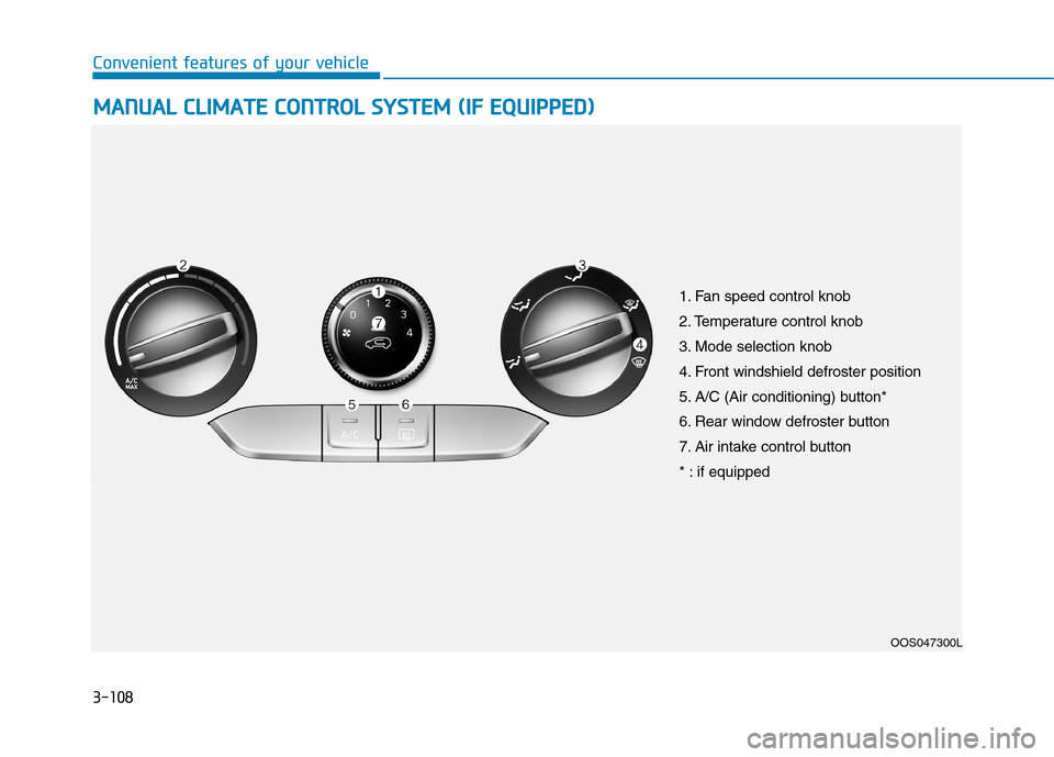 Hyundai Kona 2018  Owners Manual 3-108
Convenient features of your vehicleM
M AANN UU AALL  CC LLIIMM AATTEE  CC OO NNTTRR OO LL  SS YY SSTT EEMM   (( IIFF   EE QQ UUIIPP PPEEDD ))
OOS047300L
1. Fan speed control knob 
2. Temperature