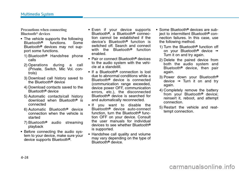 Hyundai Kona 2018 Owners Manual 4-24
Multimedia System
Precautions when connecting
Bluetooth®
devices
The vehicle supports the following
Bluetooth ®
functions. Some
Bluetooth ®
devices may not sup-
port some functions.
1) Blue Hyundai Kona 2018 Owners Manual 4-24
Multimedia System
Precautions when connecting
Bluetooth®
devices
The vehicle supports the following
Bluetooth ®
functions. Some
Bluetooth ®
devices may not sup-
port some functions.
1) Blue