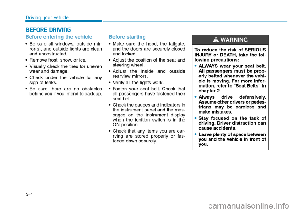 Hyundai Kona 2018  Owners Manual 5-4
Driving your vehicle
Before entering the vehicle 
• Be sure all windows, outside mir-ror(s), and outside lights are clean 
and unobstructed.
 Remove frost, snow, or ice. 
 Visually check the tir