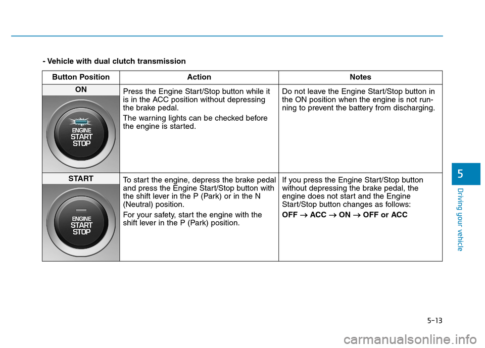 Hyundai Kona 2018  Owners Manual 5-13
Driving your vehicle
5
- Vehicle with dual clutch transmissionButton Position Action Notes
ON 
Press the Engine Start/Stop button while it 
is in the ACC position without depressing
the brake ped